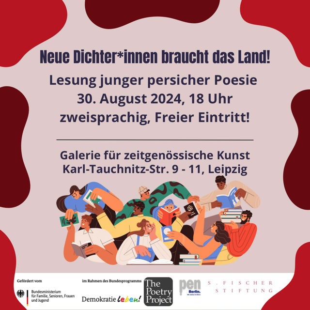 Flyer zur Lesung junger persischer Poesie am 30. August 2024